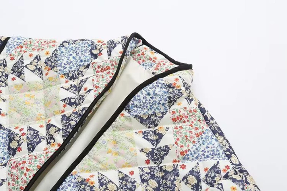 Winter Geometric Floral Patchwork Cotton Padded Jacket